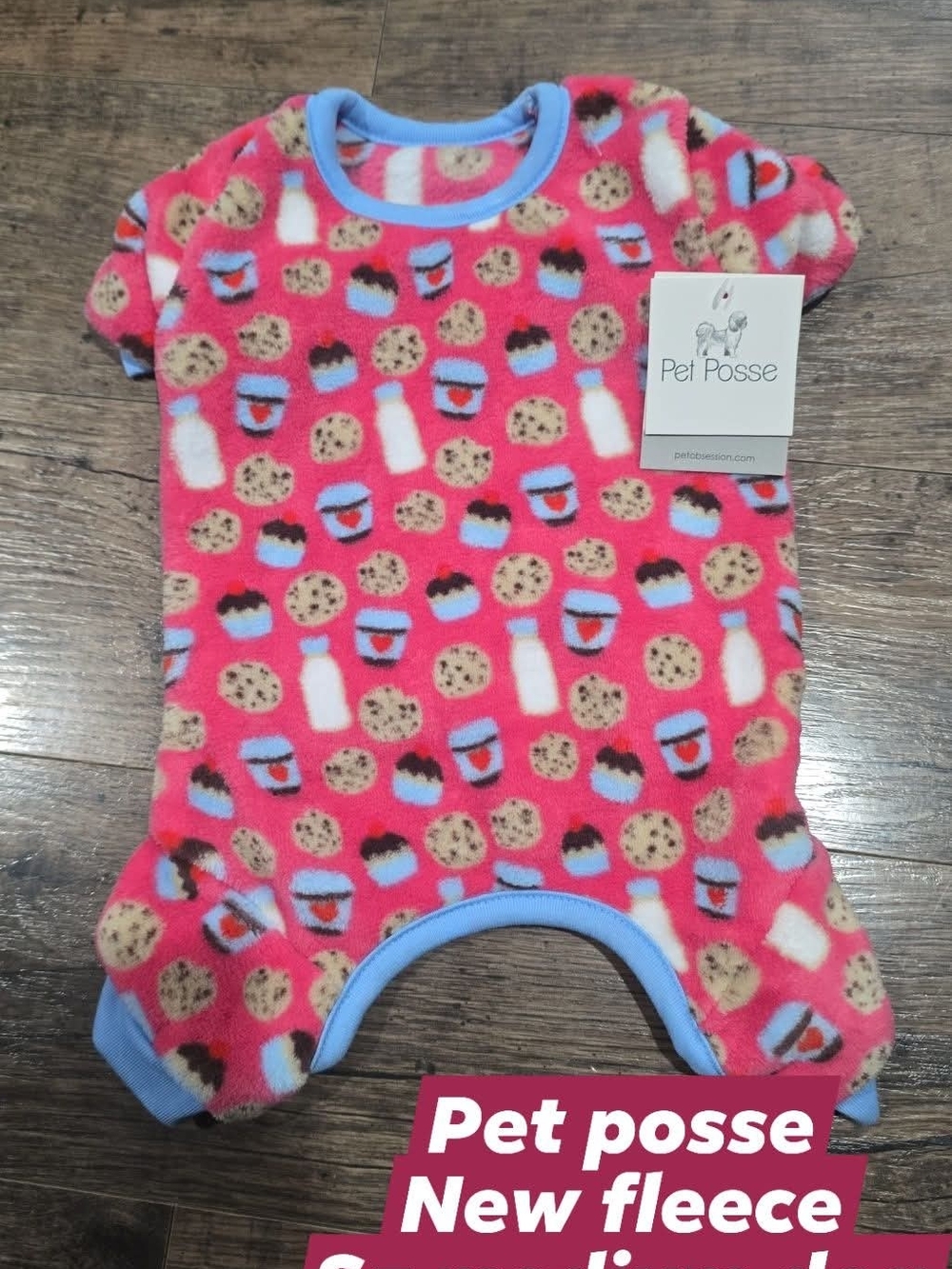 Pet Posse Dog Bright Pink Fleece One-Piece with Cookie & Milk Print Sz M NEW
